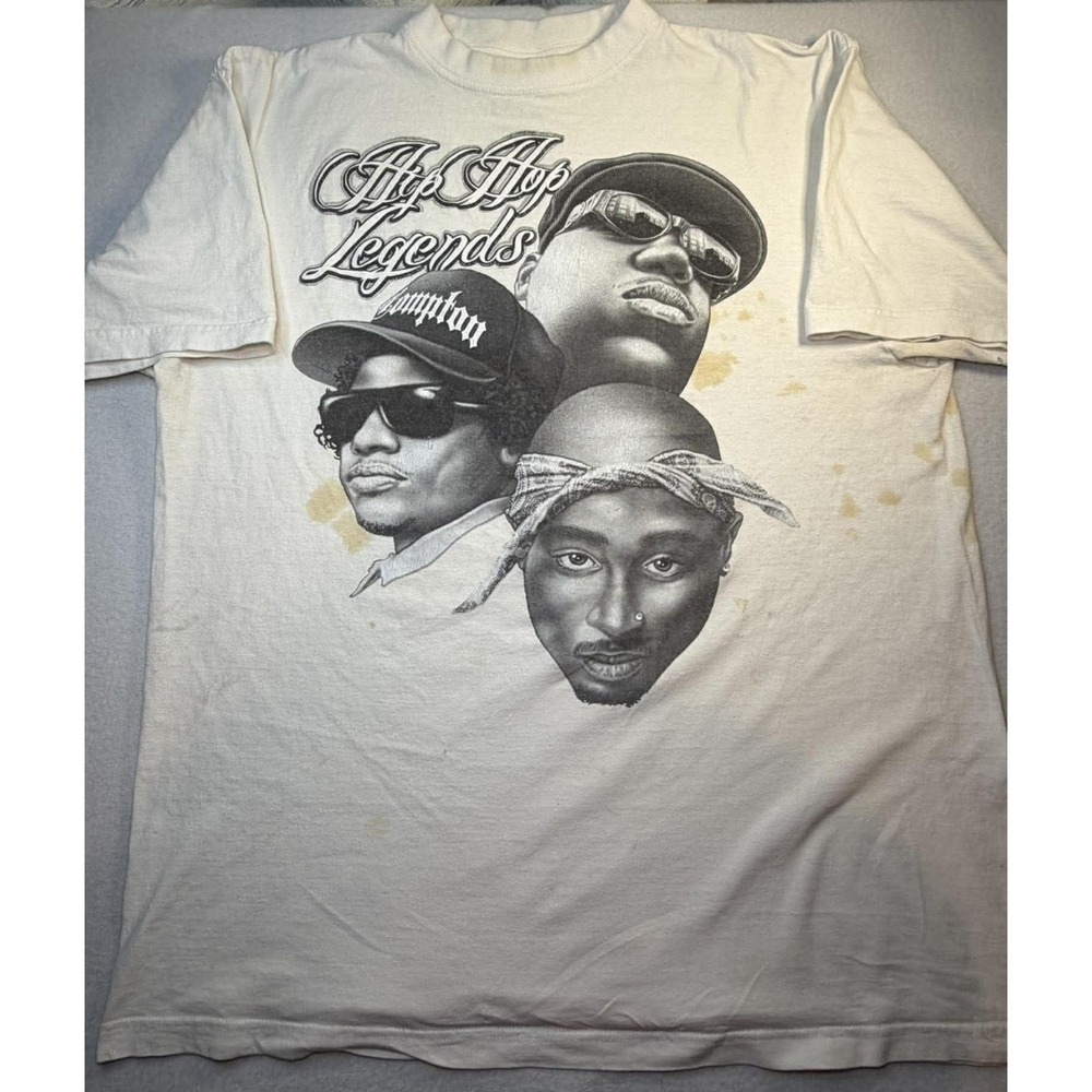 VTG 90s Hip Hop Legends T Shirt 2Pac Biggie Eazy E Compton Thrashed Stained READ